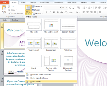 How do I insert slides in PowerPoint 2007 and 2010 from other presentations?