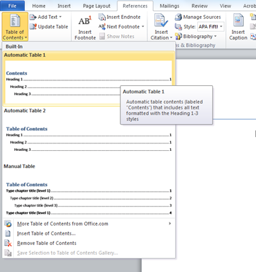 How do you create a Table of Contents in a Word 2007 or 2010 document?