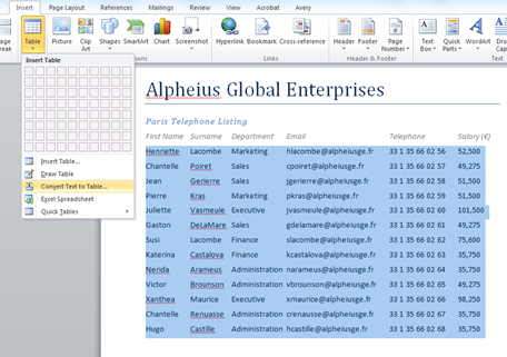 How can I convert text into a table format in Word 2007 or 2010?