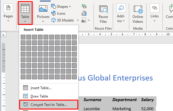 Where to find the Convert Text To Table button