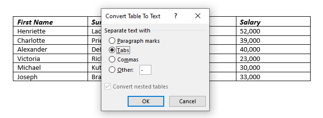 Shows the dialog box for converting table to text