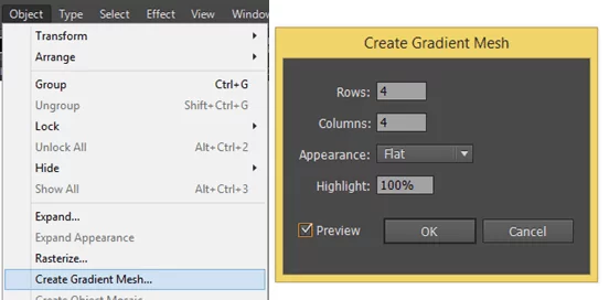 Menu showing the gradient mesh options