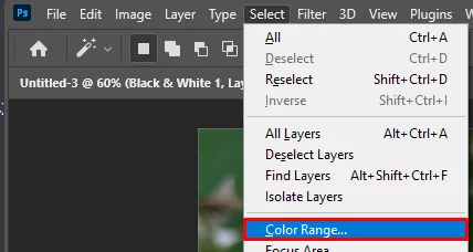Shows how to find the Color Range tool in the Select branch