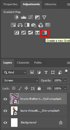 Where to find the adjustment layer, with the gradient highlighted