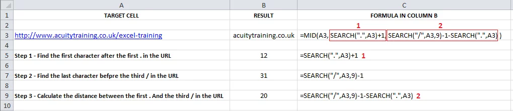 Shows how you can pull out just the name of a website with SEARCH and MID