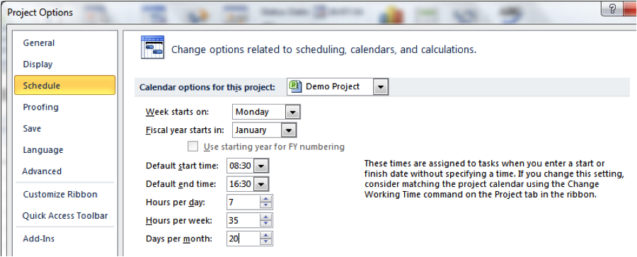 Editing Calendar options to Match schedule screenshot in Microsoft Project
