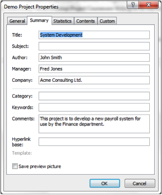 Screen Grab Of Project Properties Dialgue Box in Microsoft Project