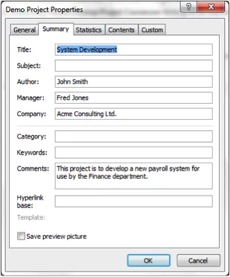 Screen Grab Of Project Properties Dialgue Box in Microsoft Project