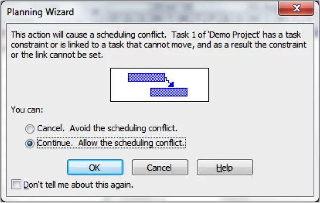 Planning Wizard screenshot in Microsoft Project