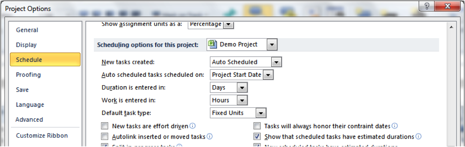 Project options screenshot in Microsoft Project
