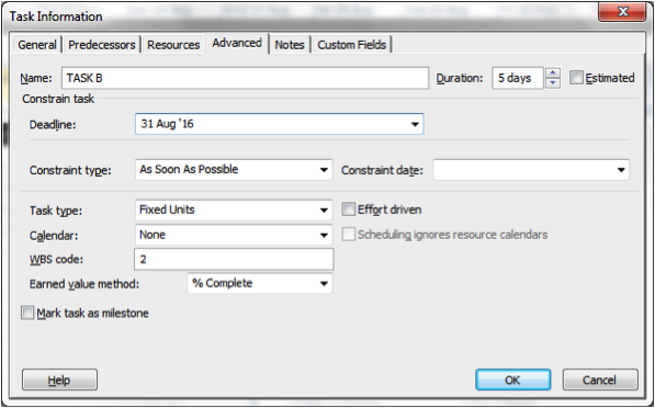 Task Information screenshot in Microsoft Project