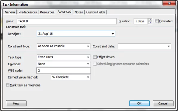 Task Information screenshot in Microsoft Project