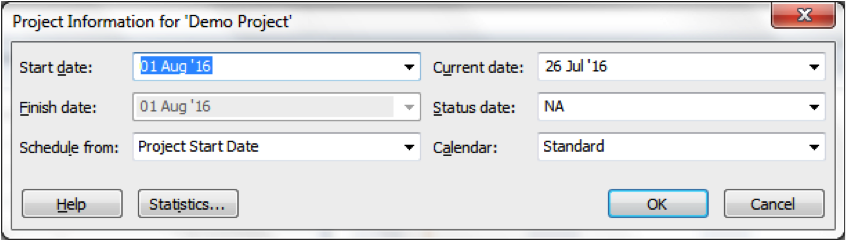 Screen Grab Of Project Information Dialogue Box In Microsoft Project