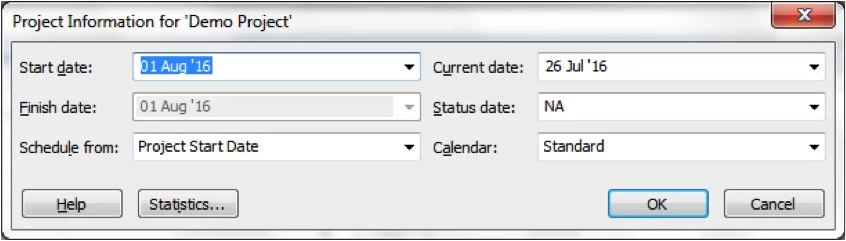 Screen Grab Of Project Information Dialogue Box In Microsoft Project
