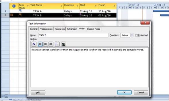 Annotating tasks screenshot in MS Project