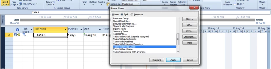Viewing tasks with fixed date constraints in MS Project