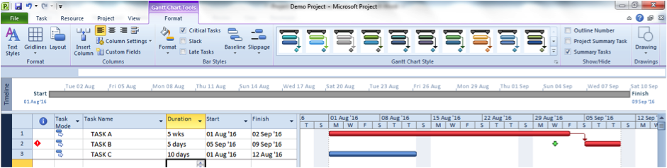 Critical task screenshot for Microsoft Project