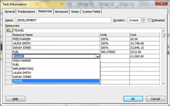 Task information dialogue box in Microsoft Project