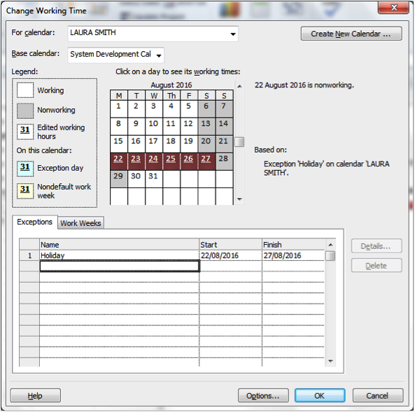 Calendar being edited for holiday screenshot in Microsoft Project