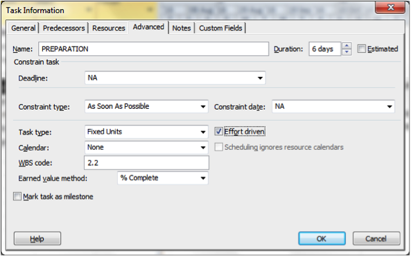 Using Task Information dialogue box for Resource driven scheduling in Microsoft Project