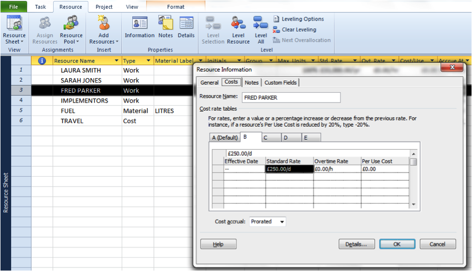 Screenshot of changing costings in Microsoft Project