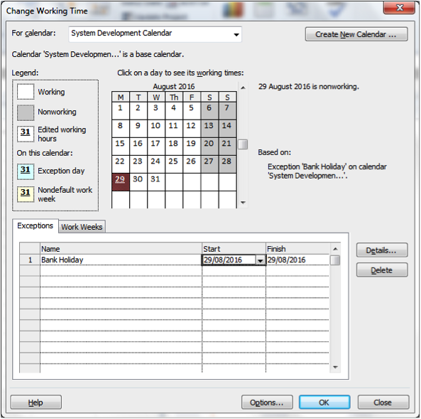 Create New Calendar Dialogue Box in Microsoft Project