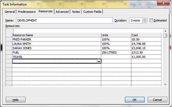 Detailed costings for a task in Microsoft Project