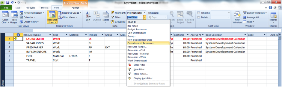 Using the Overallocated Resources filter in Microsoft Project