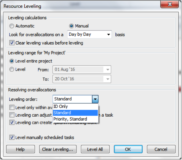 Using the Automatic leveller to delay tasks in Microsoft Project