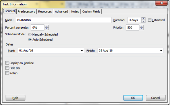Using task information dialogue box to level tasks in Microsoft Project