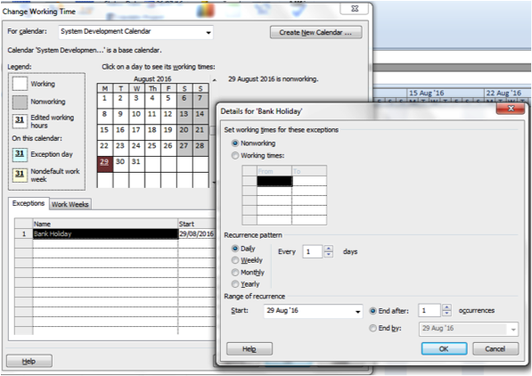 Calendar showing 'Details For Bank Holiday' in Microsoft Project