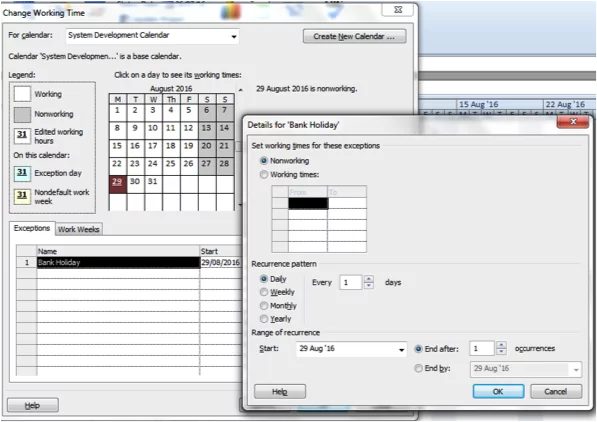 Calendar showing 'Details For Bank Holiday' in Microsoft Project