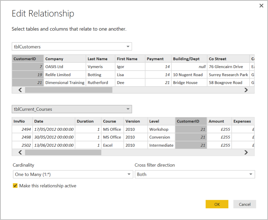 Ch 4 - 5 - Excel PowerBI Edit Relationships Dialogue Box