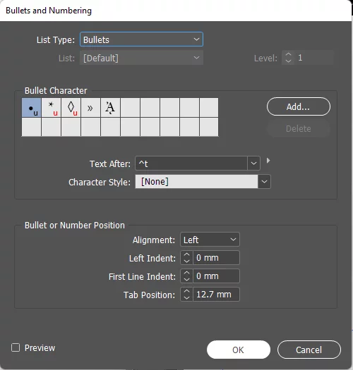 Bullets and Numbering dialog box