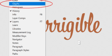 Dropdown menu to select 'Glyphs' In Photoshop