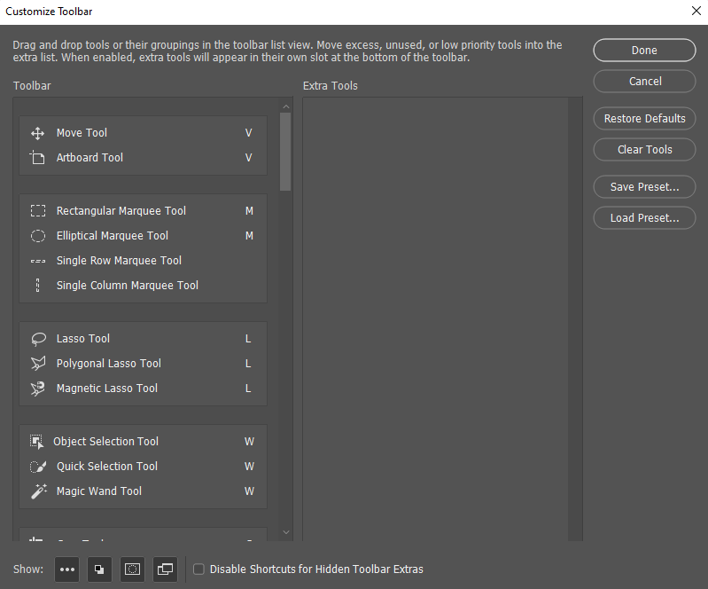 Customise toolbar dialog box
