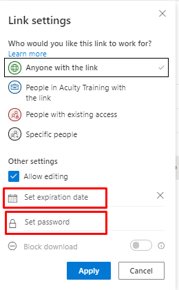 Selecting the expiry date and password option for a One Drive link