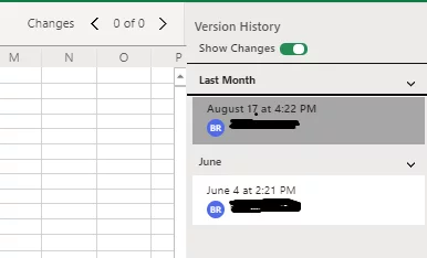 The Version History Righthand Margin In Excel