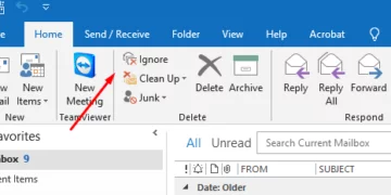 Selecting Ignore In the Home tab of Outlook 365
