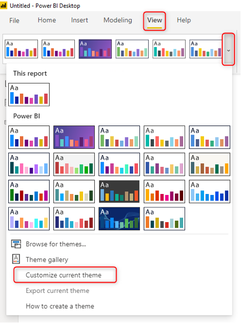 Selecting 'Customise Current Theme' to create a customised theme in Power BI