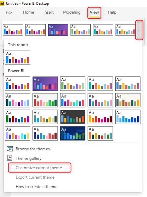 Selecting 'Customise Current Theme' to create a customised theme in Power BI