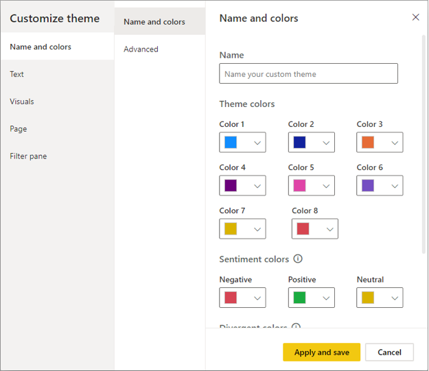 Updating the name of your theme in Power BI and also the colours it uses