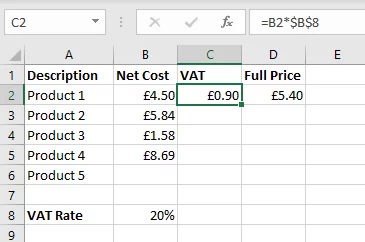 Shows the formula in C2 using Absolute cell referencing