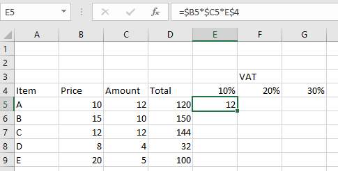 Screenshot of excel with a formula multiplying the total price by the VAT above