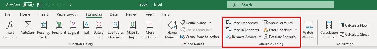 Shows the formula auditing section in the ribbon