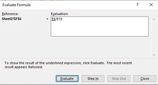 Evaluate formula dialog box step 1, shows the formula