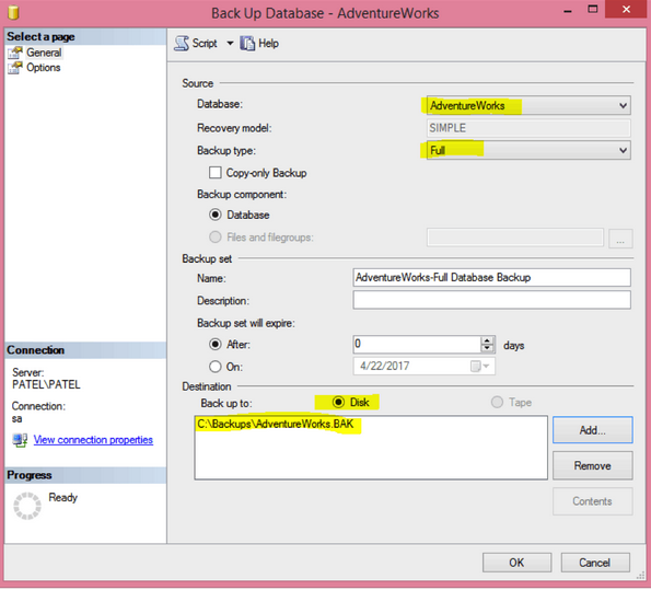 Highlights how to backup SQL Database