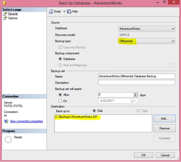 Shows where to change backup type and location