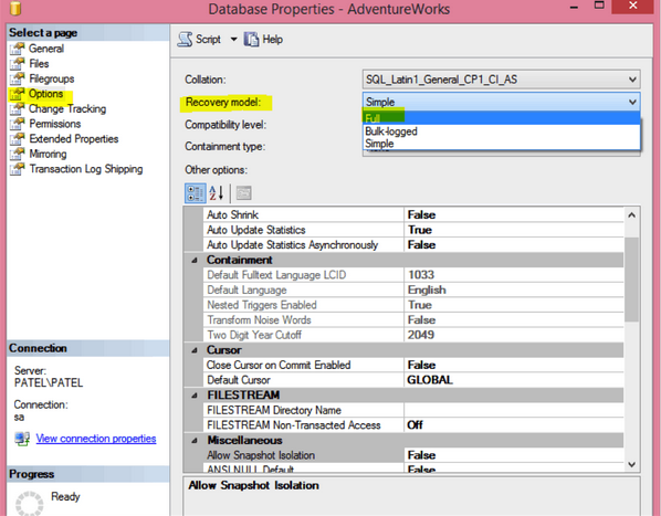 Shows how to change recovery models