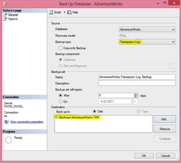 Changing the backup type to transaction log